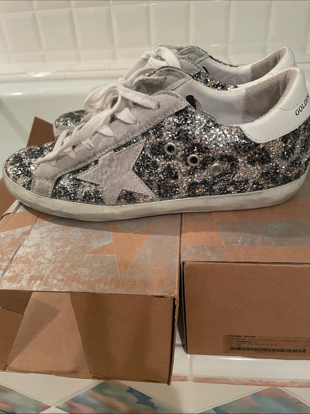 Golden Goose Silver Glitter Low-Top Sneakers with White Star